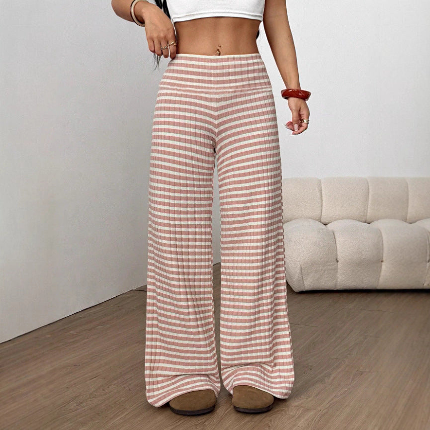 Women's Striped Solid Color Knitted Ladies Trousers Casual Pants