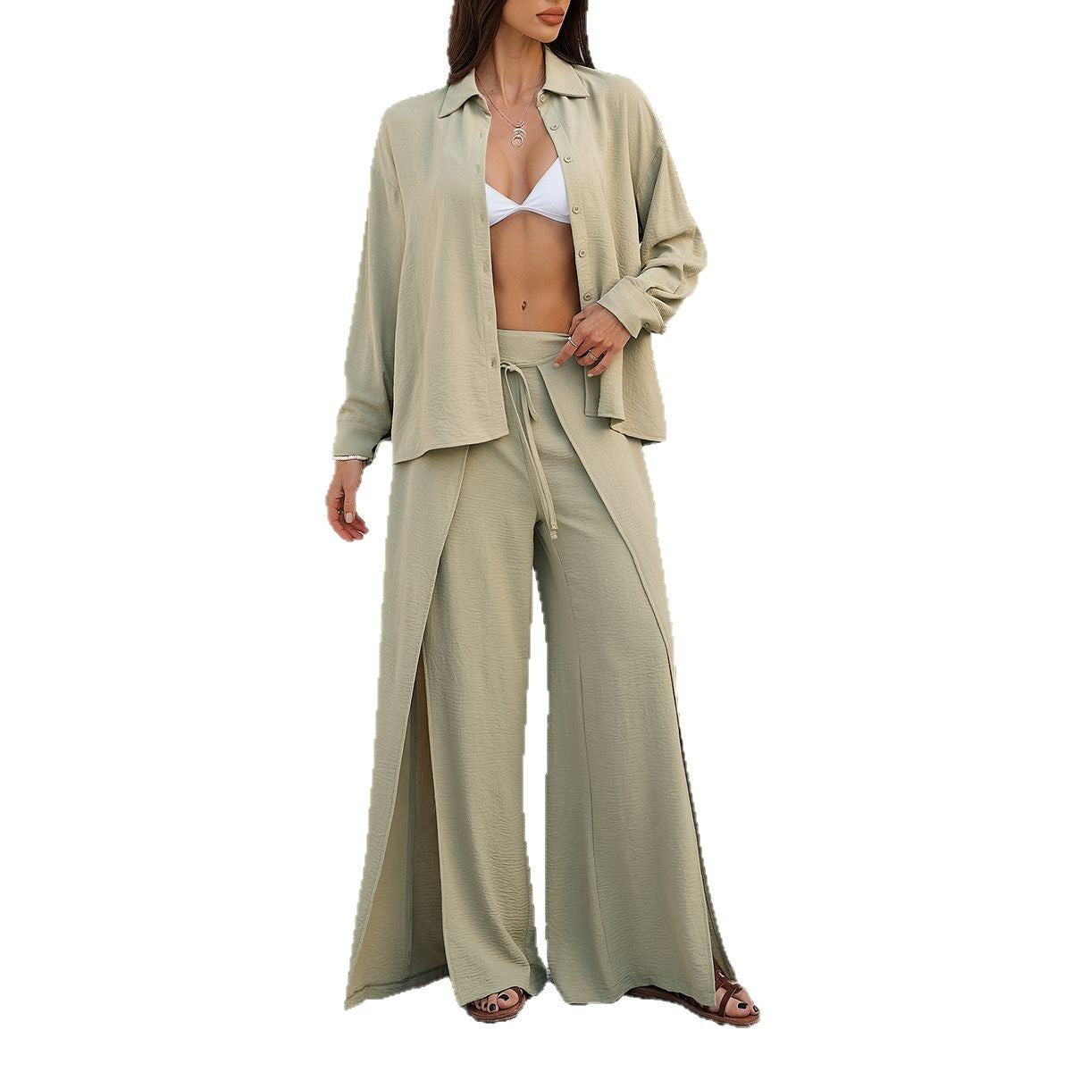 Women's Vacation Style Solid Color Shirt Wide Leg Fashion Casual Suit