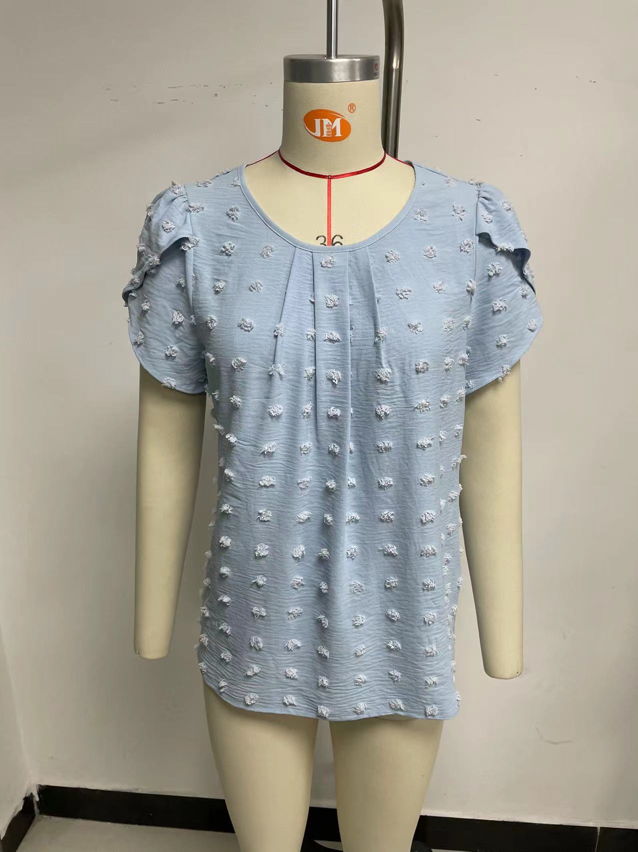 Jacquard Round Neck Petal Sleeve Solid Lace Shirt, Chiffon Shirt