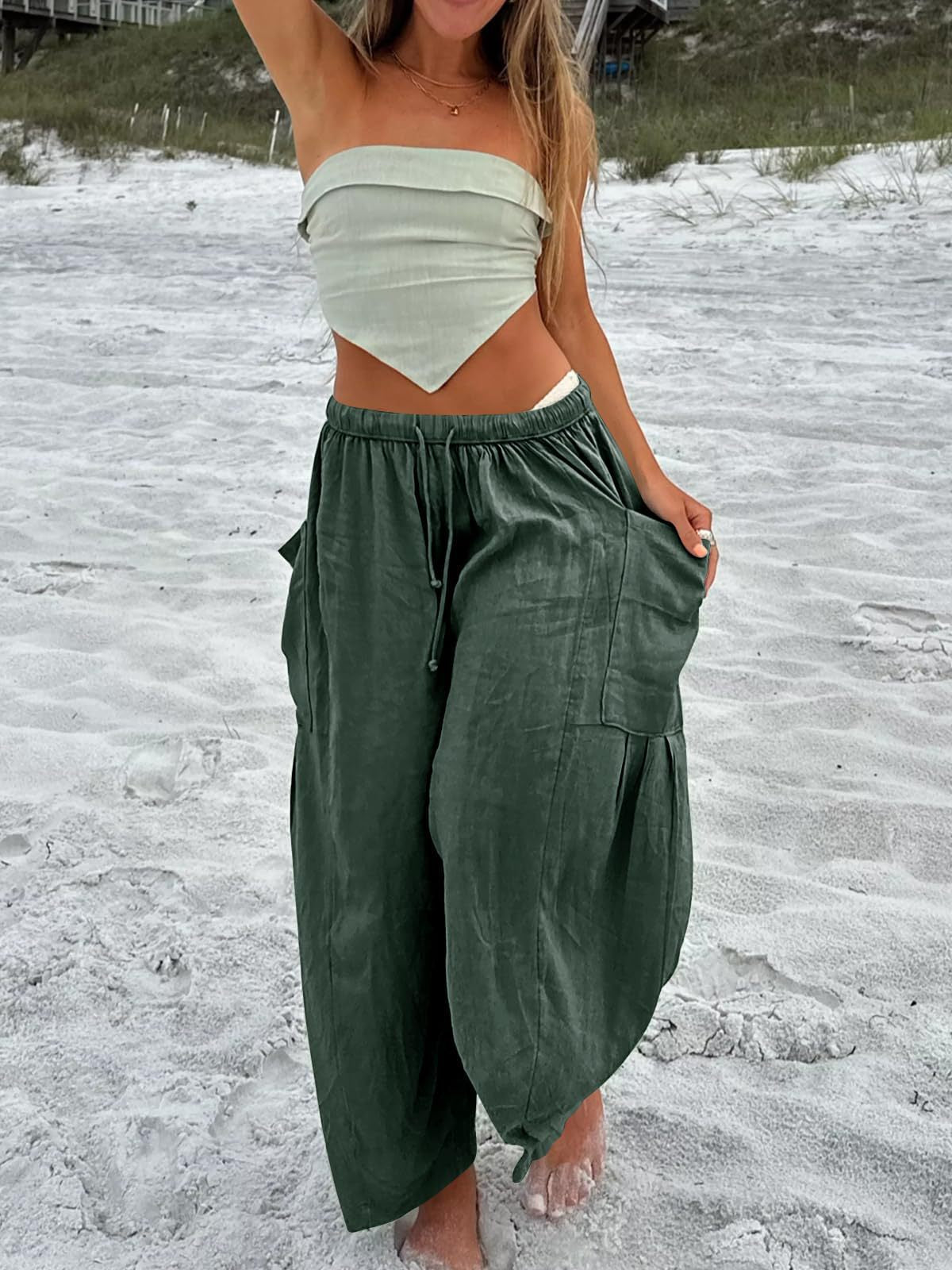 Women's Stripes Elastic Waist Cropped Pleated Breathable Contraction Pants