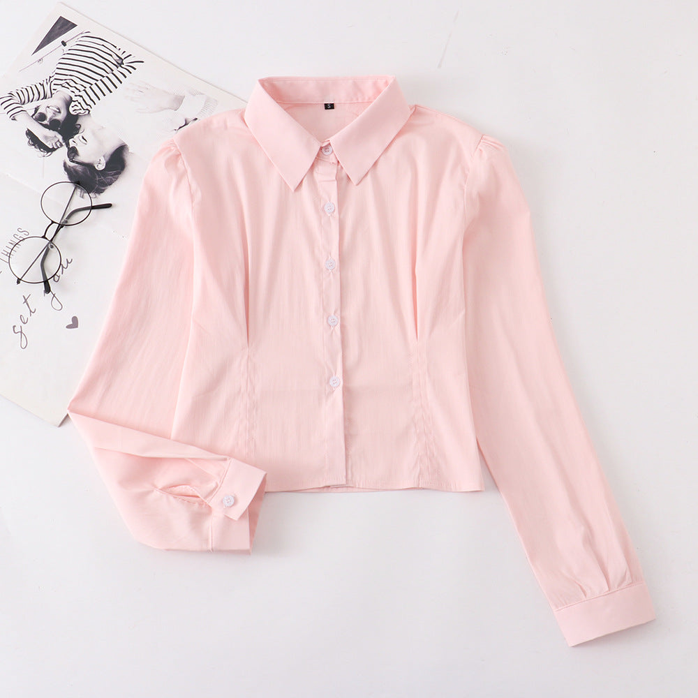 Women's Korean Elastic Puff Sleeve Pink Waist Trimming Shirt Hip Blouse