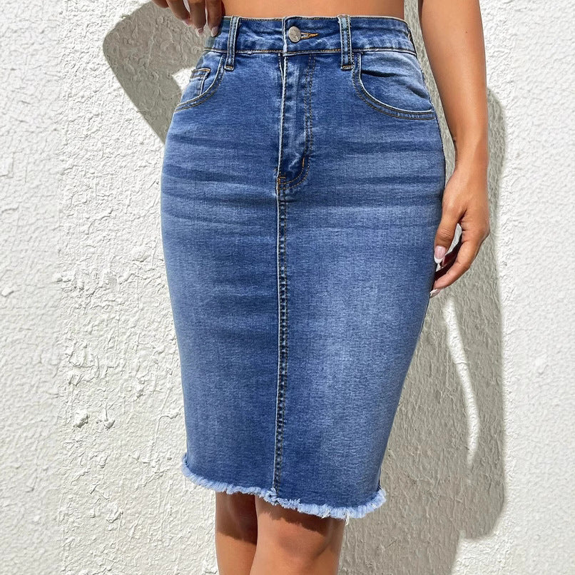 Stretch High Waist Frayed Denim Package Skirts