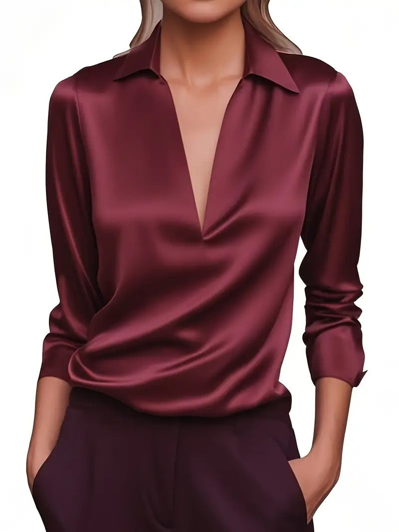 Women's Autumn Temperament Pure Color Simple Shirt Long Sleeve Blouse