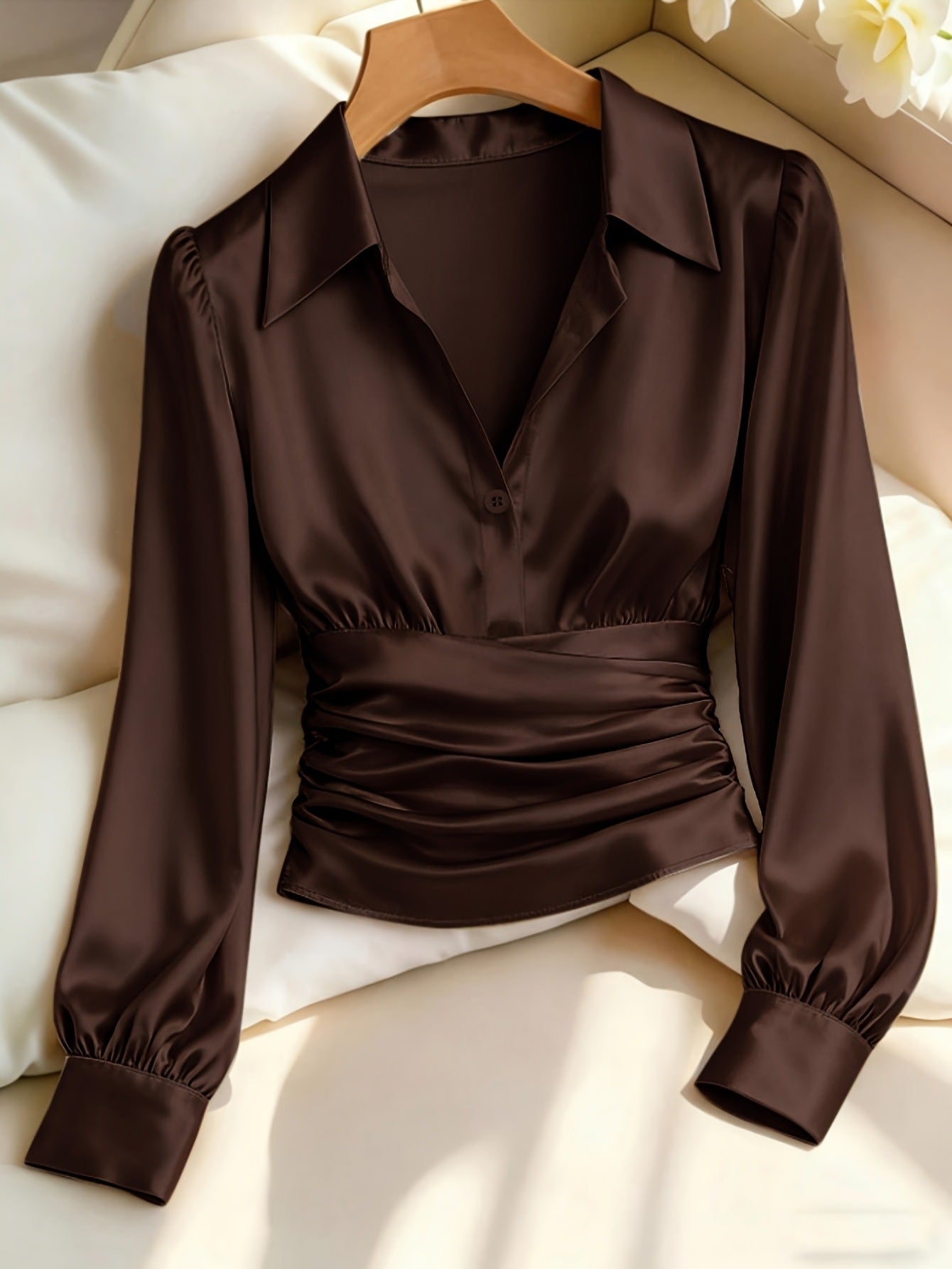 Women's Satin Lapel Shirt Autumn Waist Pleated Elegant Burgundy Collar Puff Blouse
