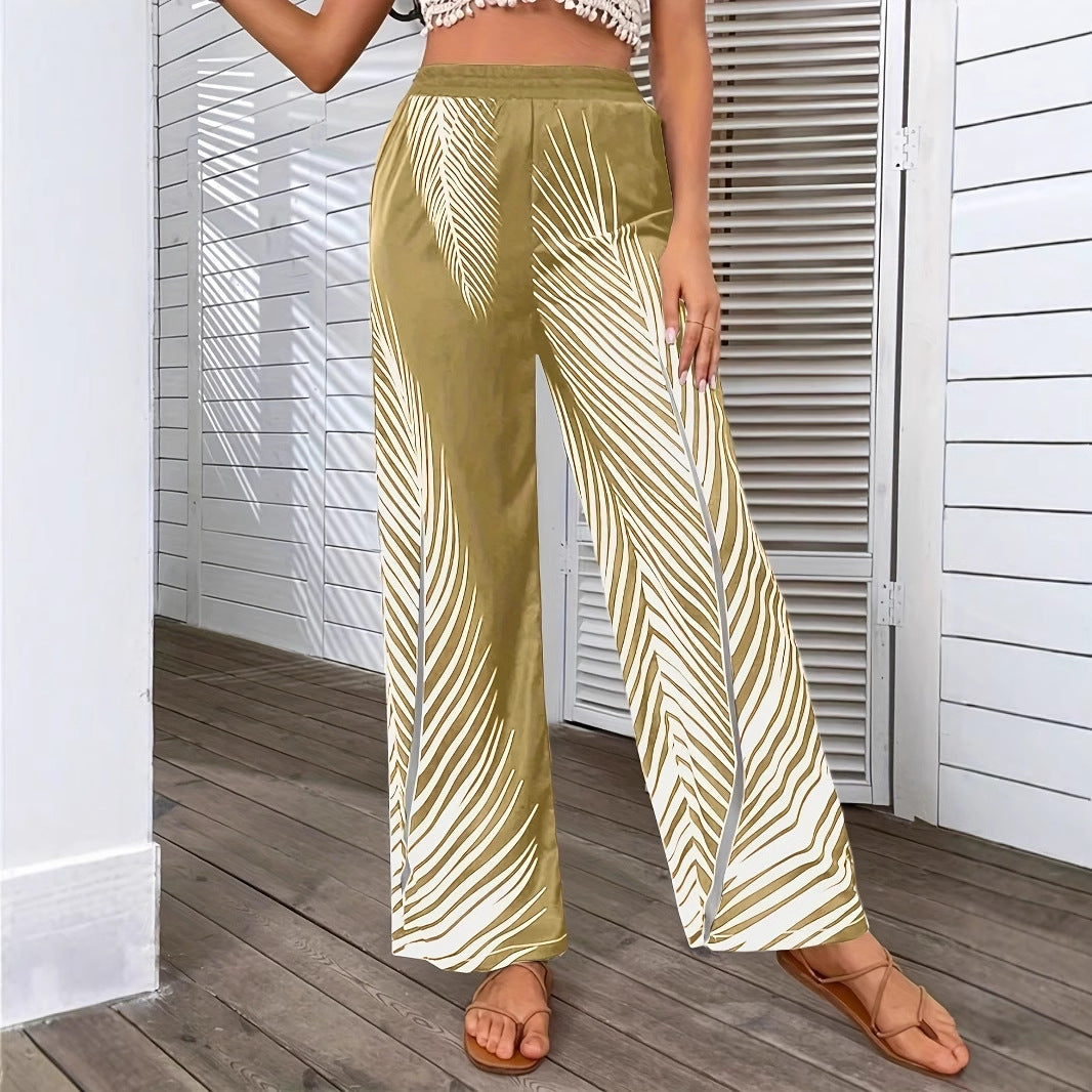 Women's Fashionable Elegant Striped Leaf Positioning Printed Casual Pants