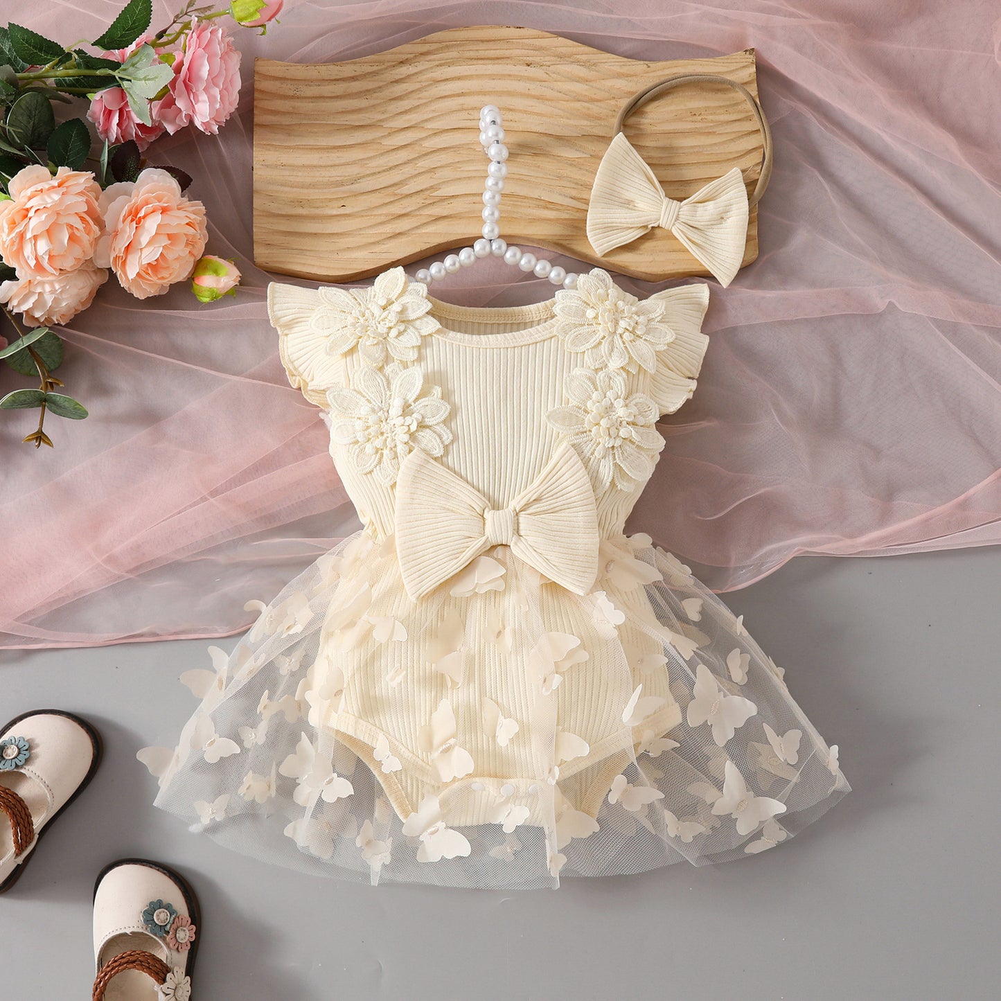 Flower Embroidery Mesh Princess Applique Sunken Stripe Children's Dress