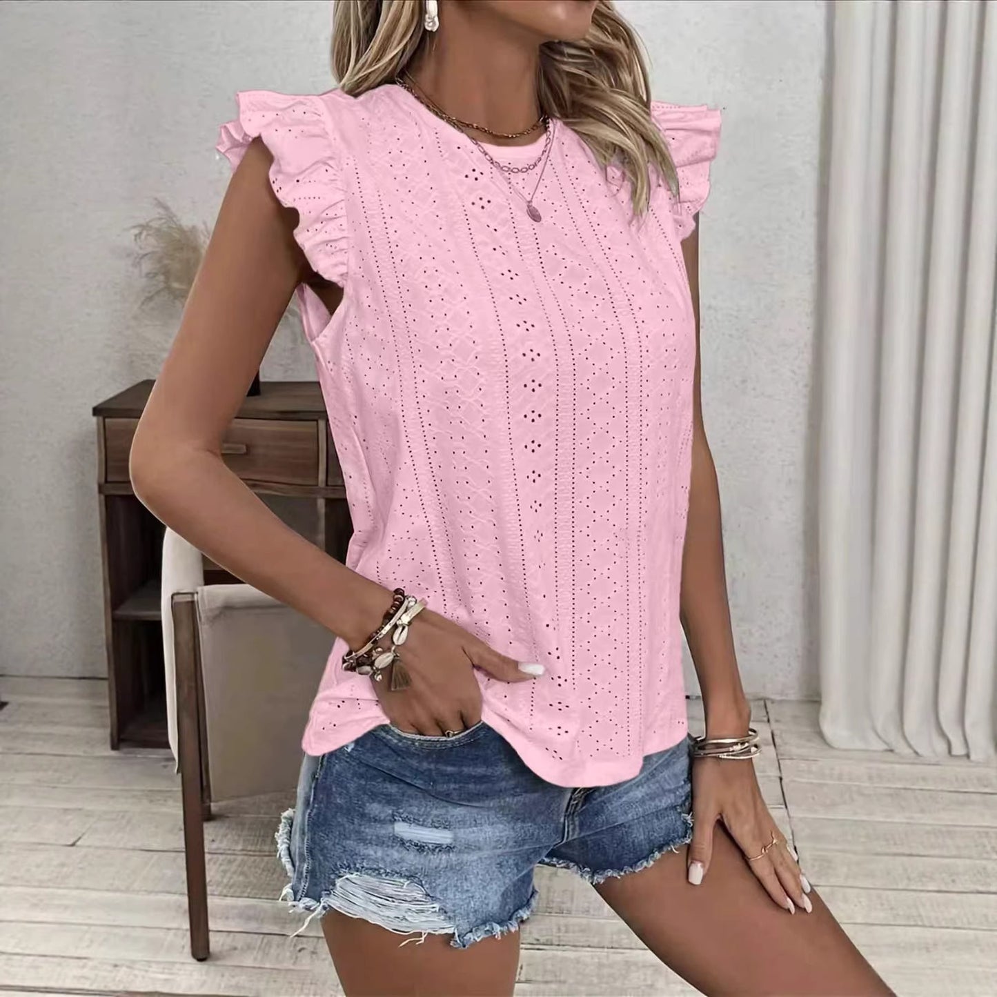 Women's Round Neck Ruffle Sleeve Slingback Solid Women's T-shirt