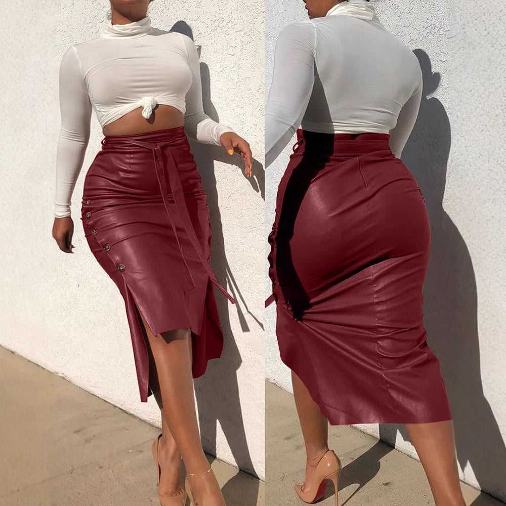 Durable Women's Leather Slit Mid-length Sheath Skirt