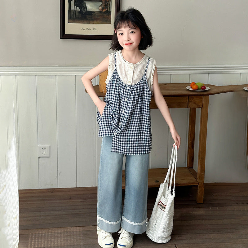 Summer Sweet Plaid Fake Two-piece Top With Jeans Medium Big Children's Suit
