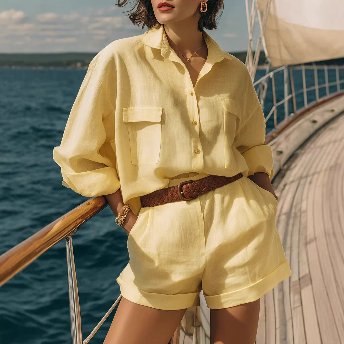 Women's Solid Color Loose Breasted Shirt Set Shorts