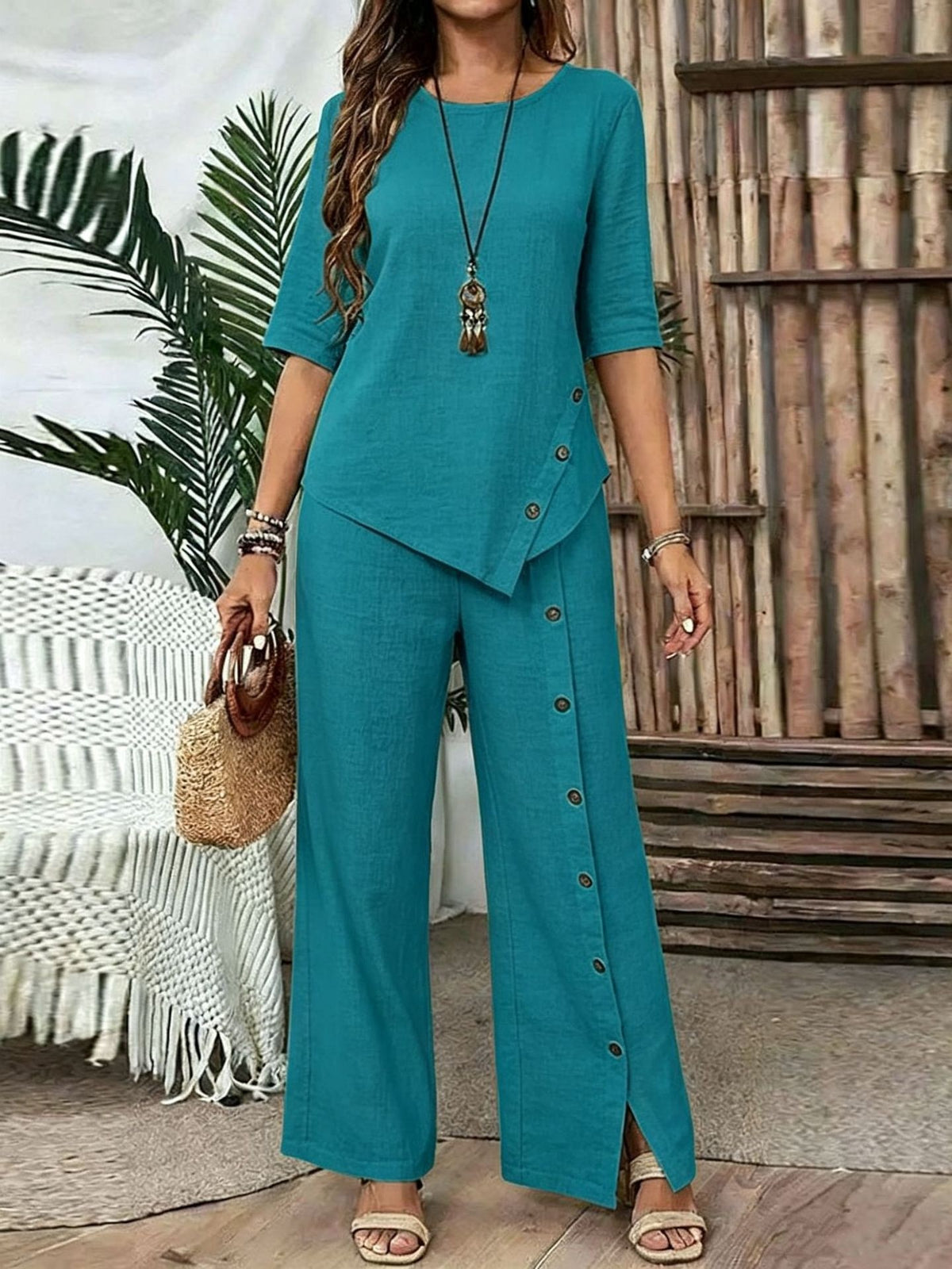 Women's Irregular Hem Trousers Button Half Sleeve Suits