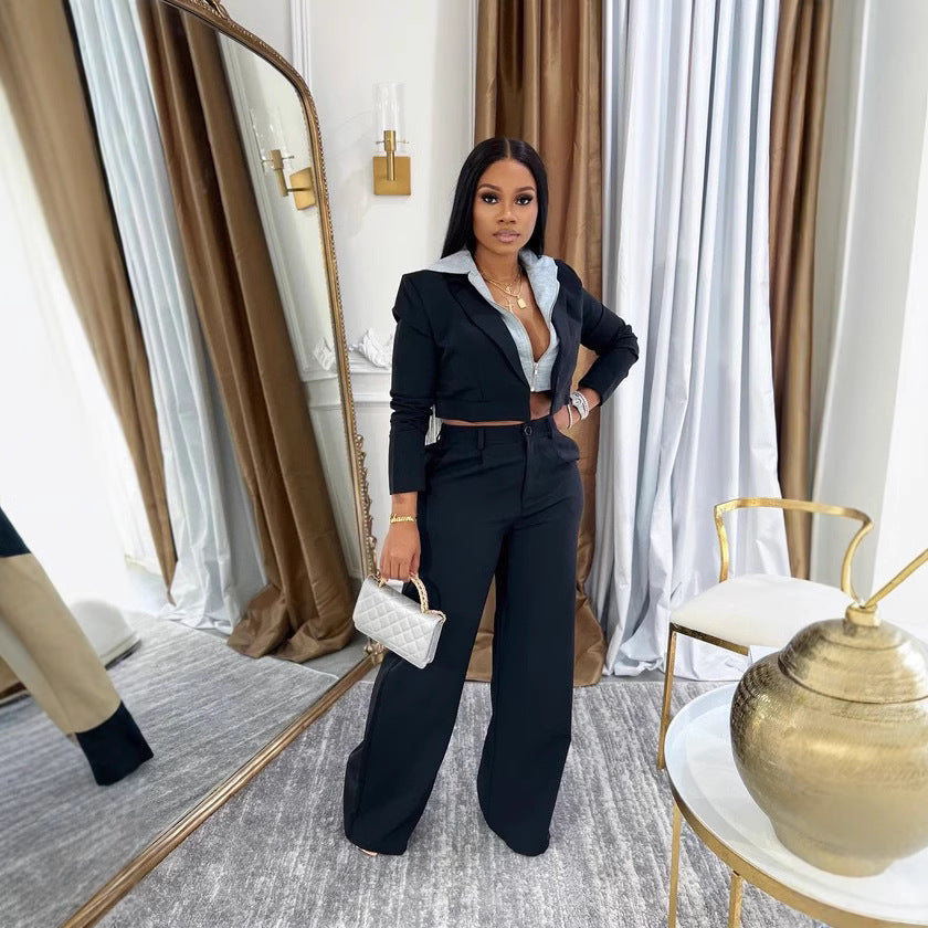 Women's Stitching Fake Two-piece Hooded Trousers Set Fashion Casual Suit