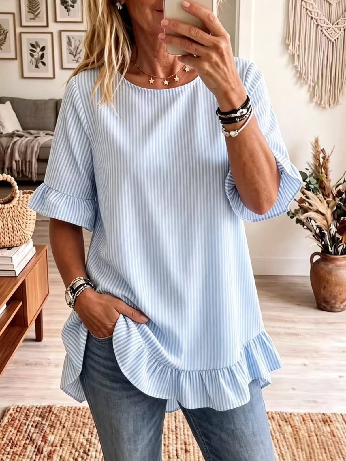 Women's Summer Sleeve Striped Loose Casual Ruffled Women's T-shirt