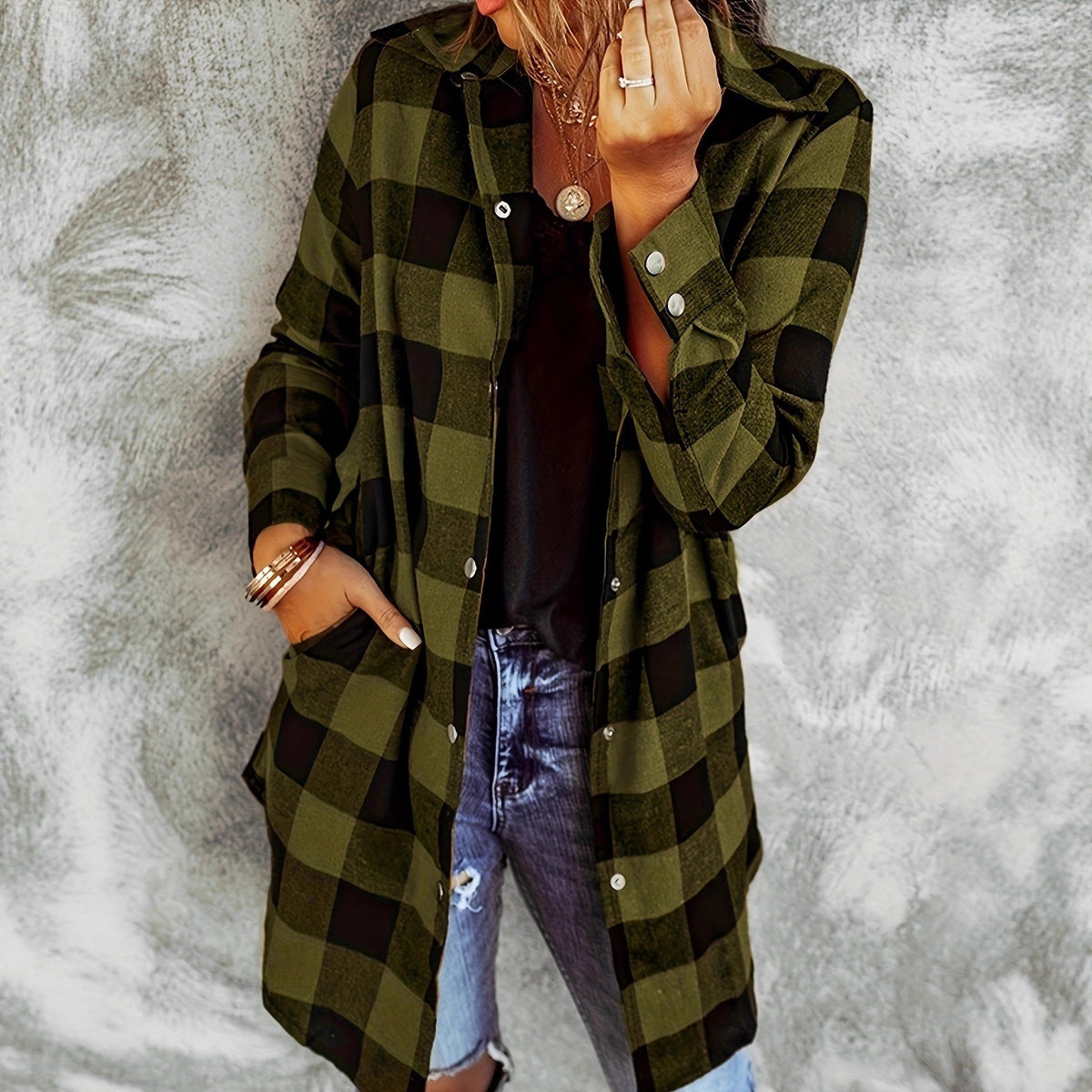Women's Long Sleeve Plaid Lapel Loose Casual Jackets