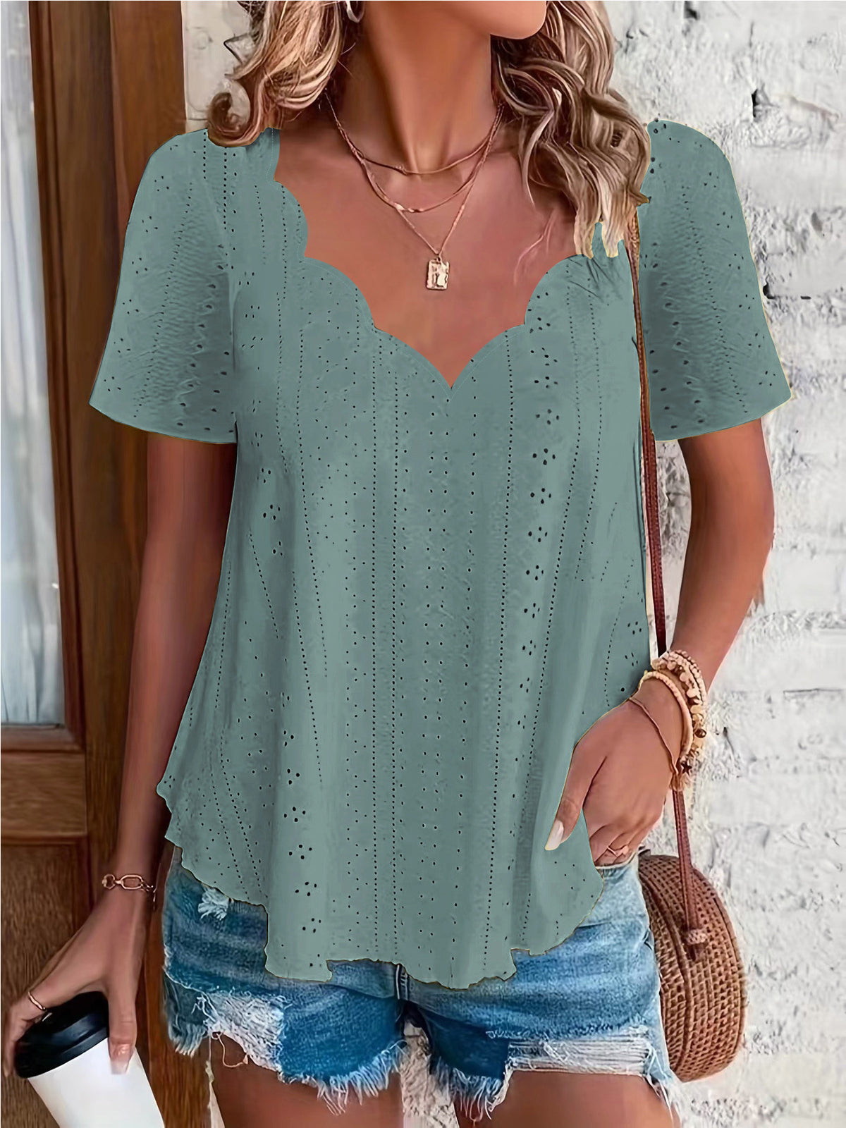 Women's Fashion Summer Casual Solid Color Scallop Women's T-shirt