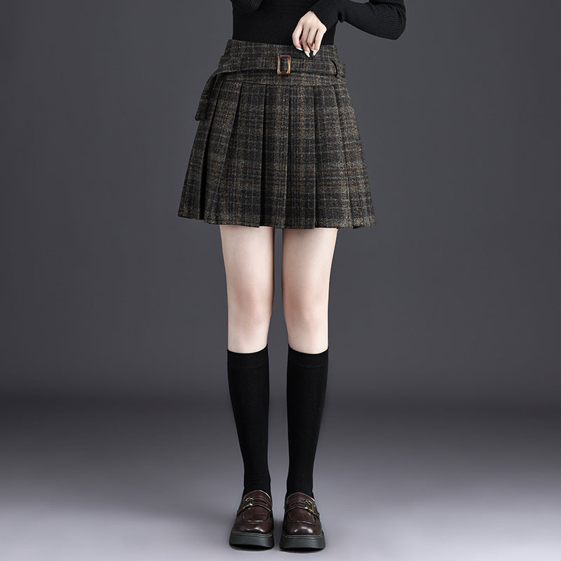 Women's Gray Plaid Pleated Thick High Waist A- Skirt