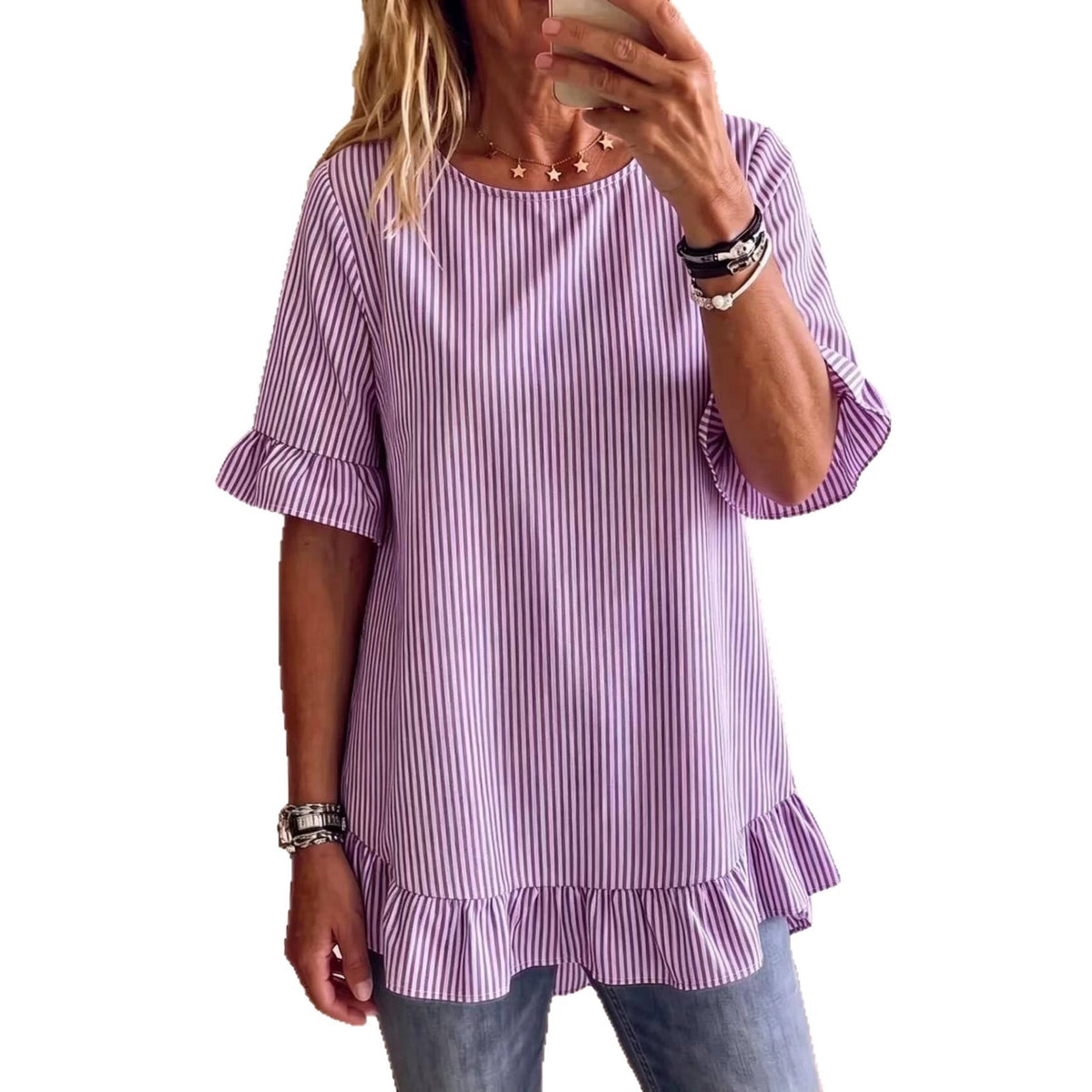 Women's Summer Sleeve Striped Loose Casual Ruffled Women's T-shirt