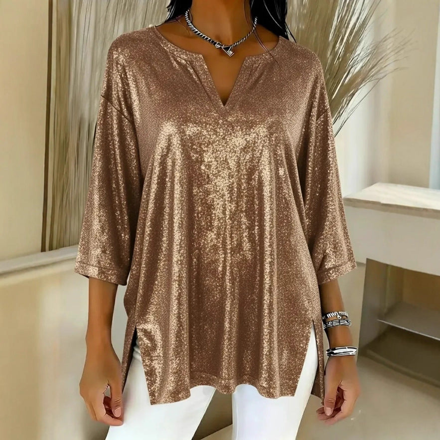 Women's Shiny Loose Long Sleeve Split Cropped Tops