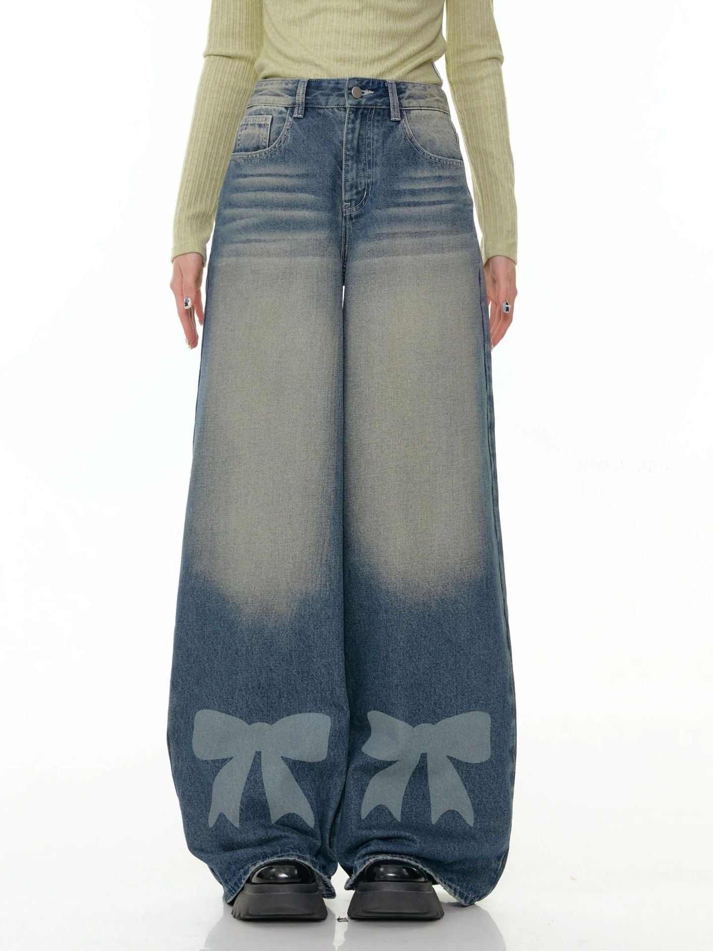 Women's Wide Leg Bow Print Washed Denim Trousers Women's Jeans