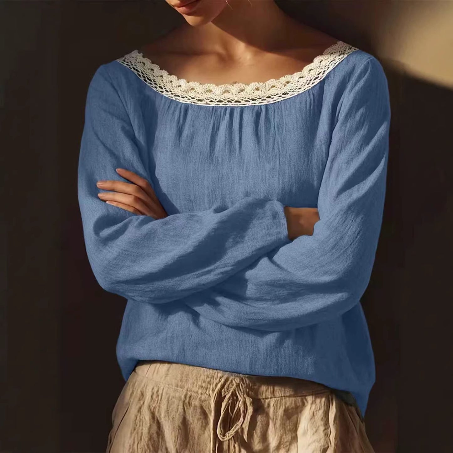 Women's Round Neck Lace Stitching Long Linen Sleeves Chinese Elegant Inner Women's T-shirt