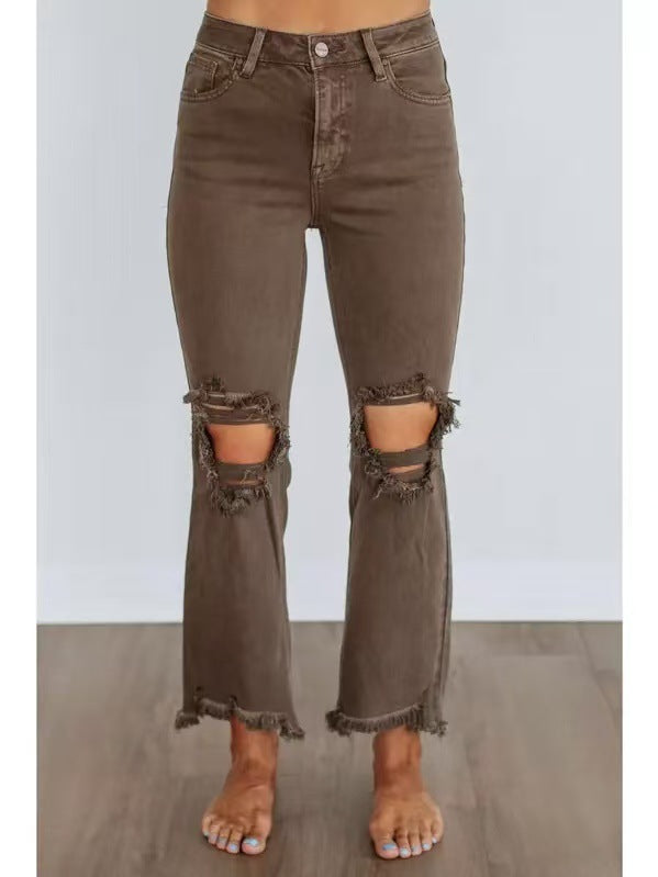 Women's Retro High Waist Skinny Knee Ripped Frayed Washed Street Women's Jeans