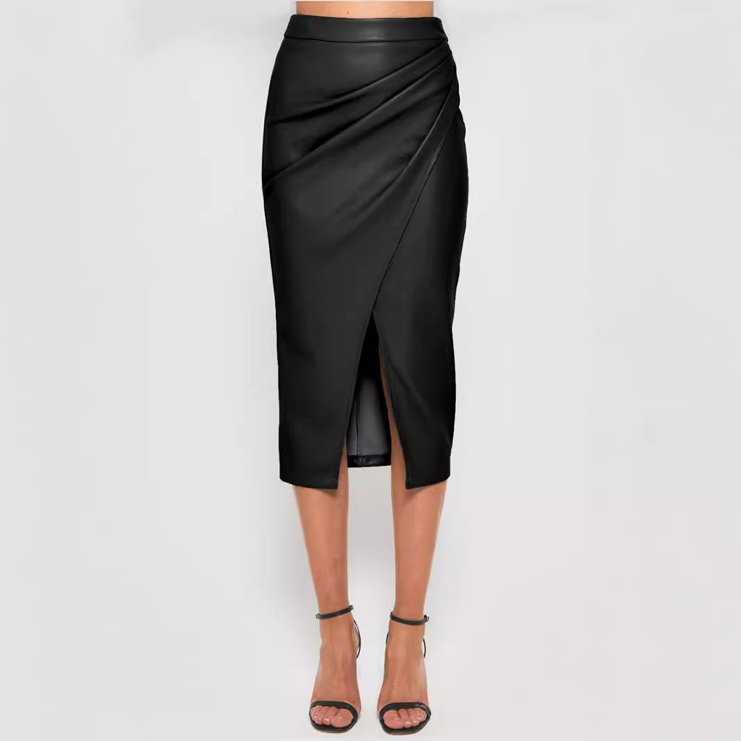 Women's High Waist Zipper Heap Pleated Leather Skirts
