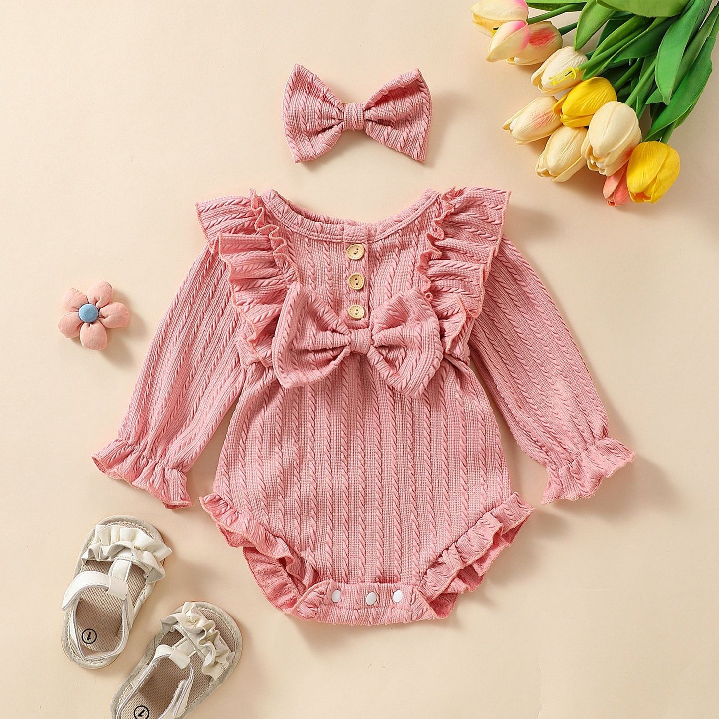 Long Sleeve Bowknot Sunken Stripe Romper Headscarf Two-piece Set Sweet Jumpsuit, Climbing Suit