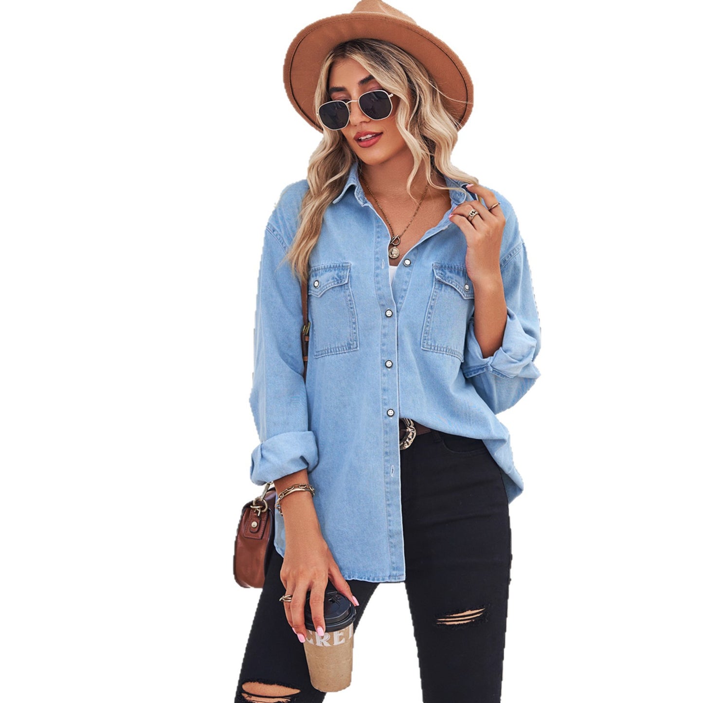 Women's Color Figure Flattering Thin Denim Long Sleeve Shirt Blouse