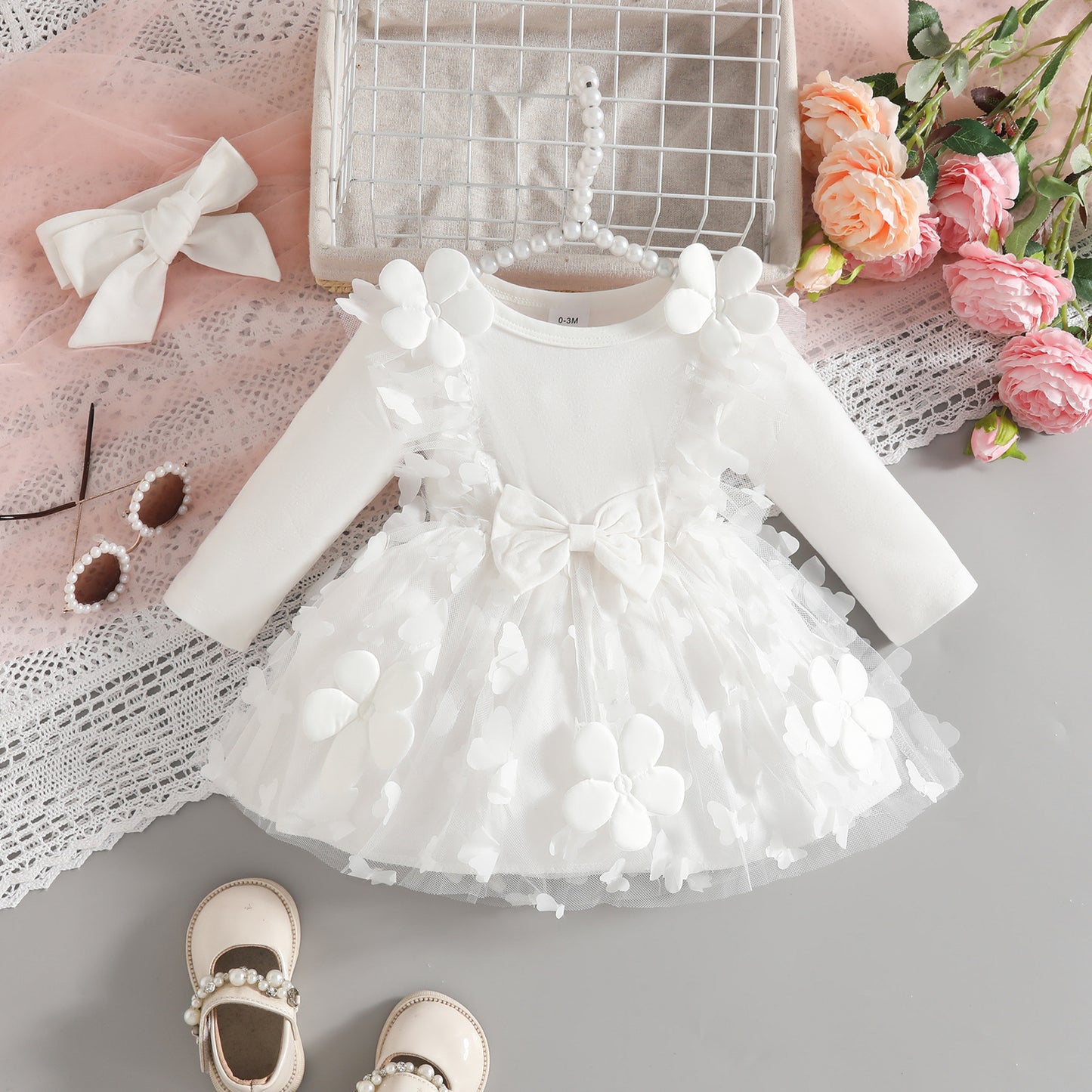 Knitted Fabric Butterfly Mesh Stitching Solid Color Long Sleeve Children's Dress