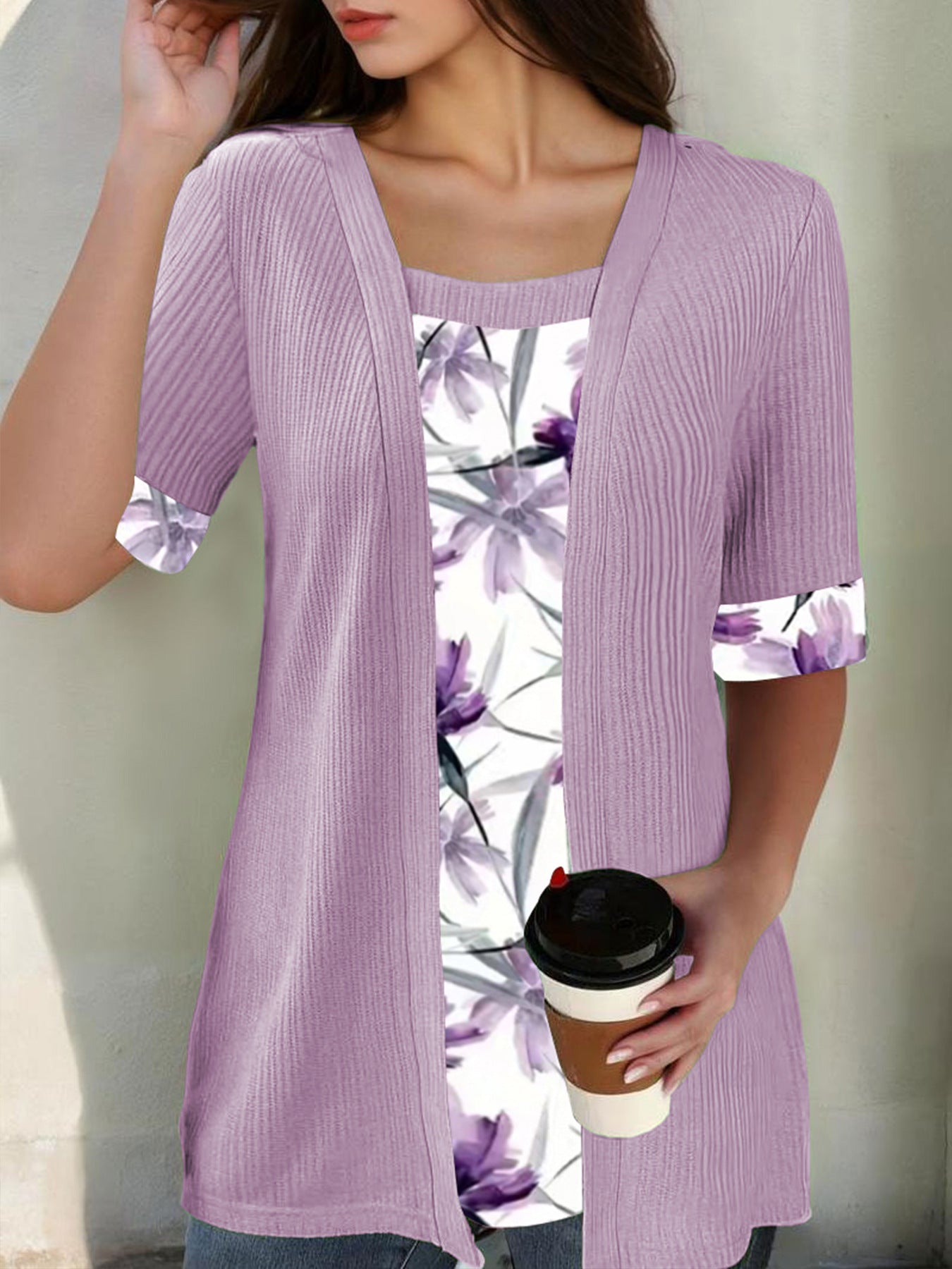 Women's Summer Fake Two Short-sleeved Printed Stitching Women's T-shirt