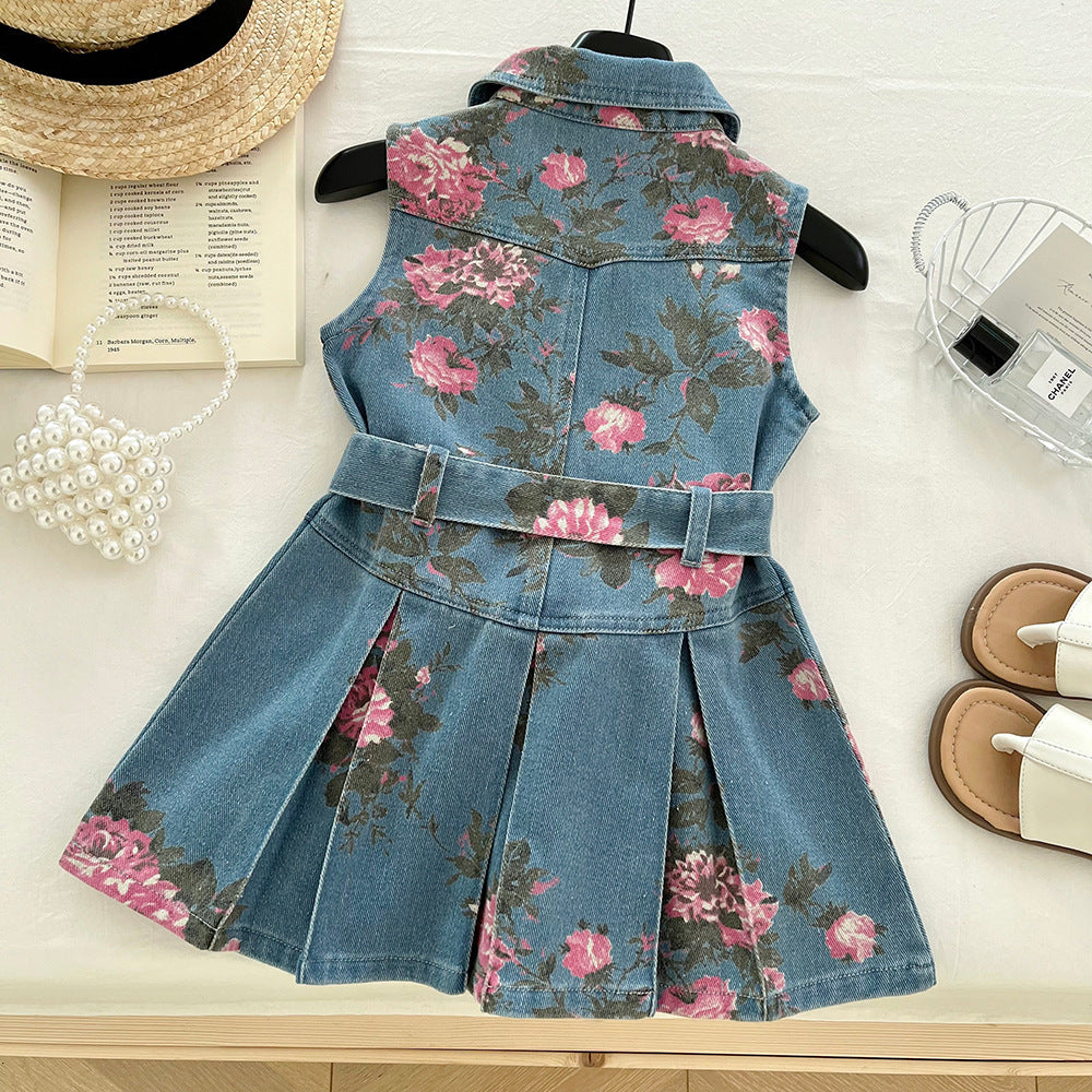 Summer Korean Style Printed Denim Sleeveless Children's Dress