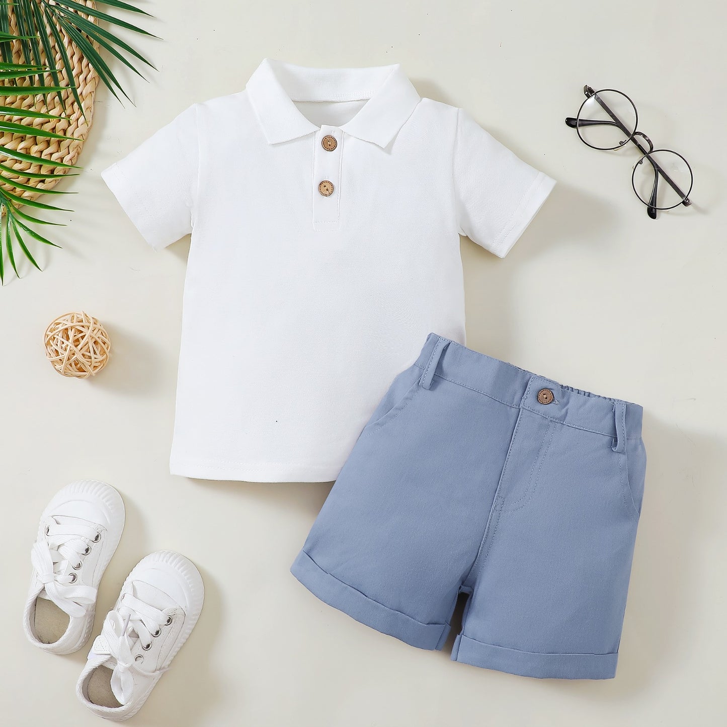 Stand Collar Shirt Short Sleeve Top Double Pocket Zipper Shorts Children's Suit