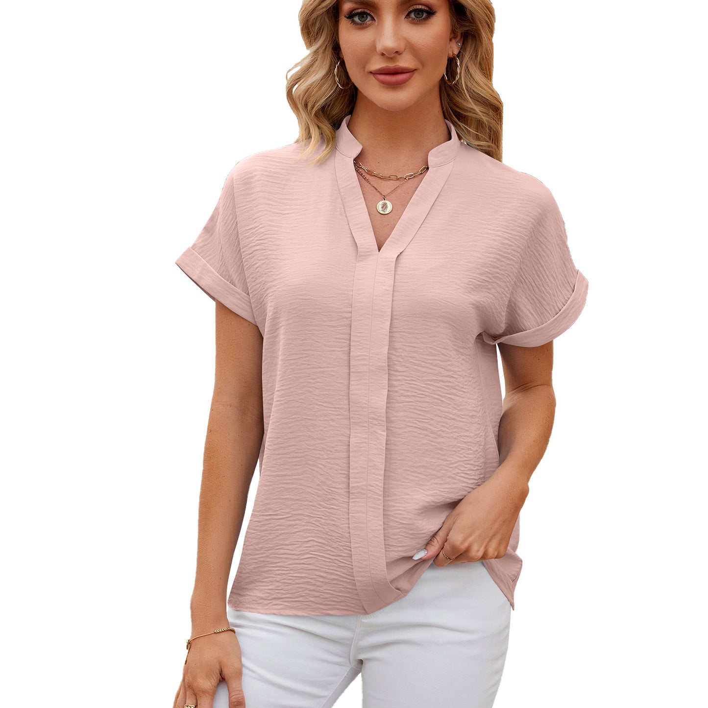 Glamorous Solid Color Sleeve Loose Casual Lace Shirt, Chiffon Shirt