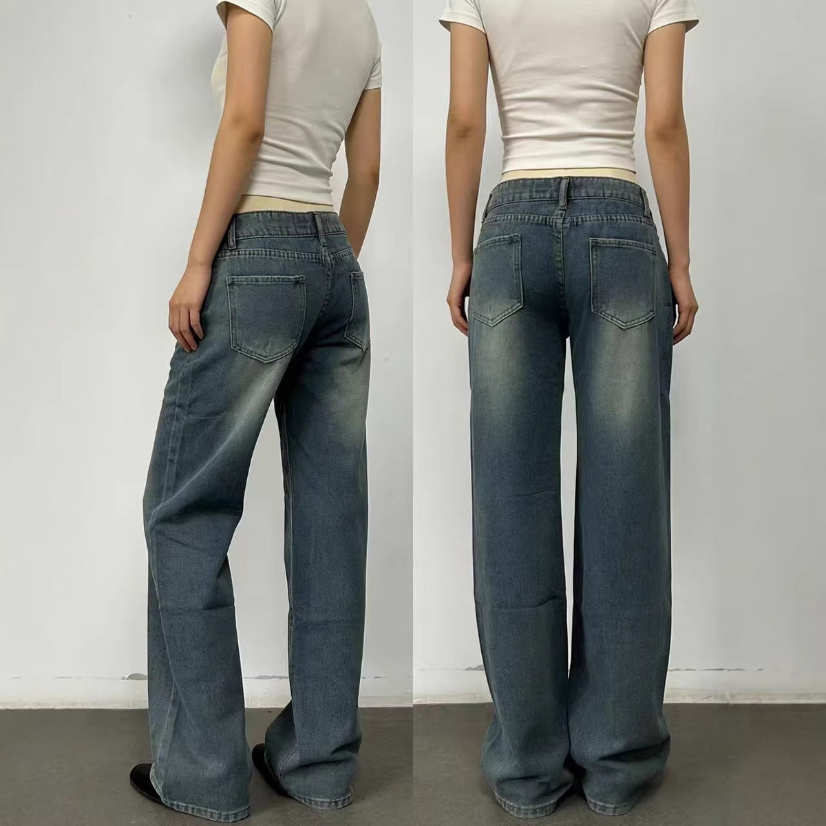 Women's Retro Washed Pleated Cat Beard Loose Jeans