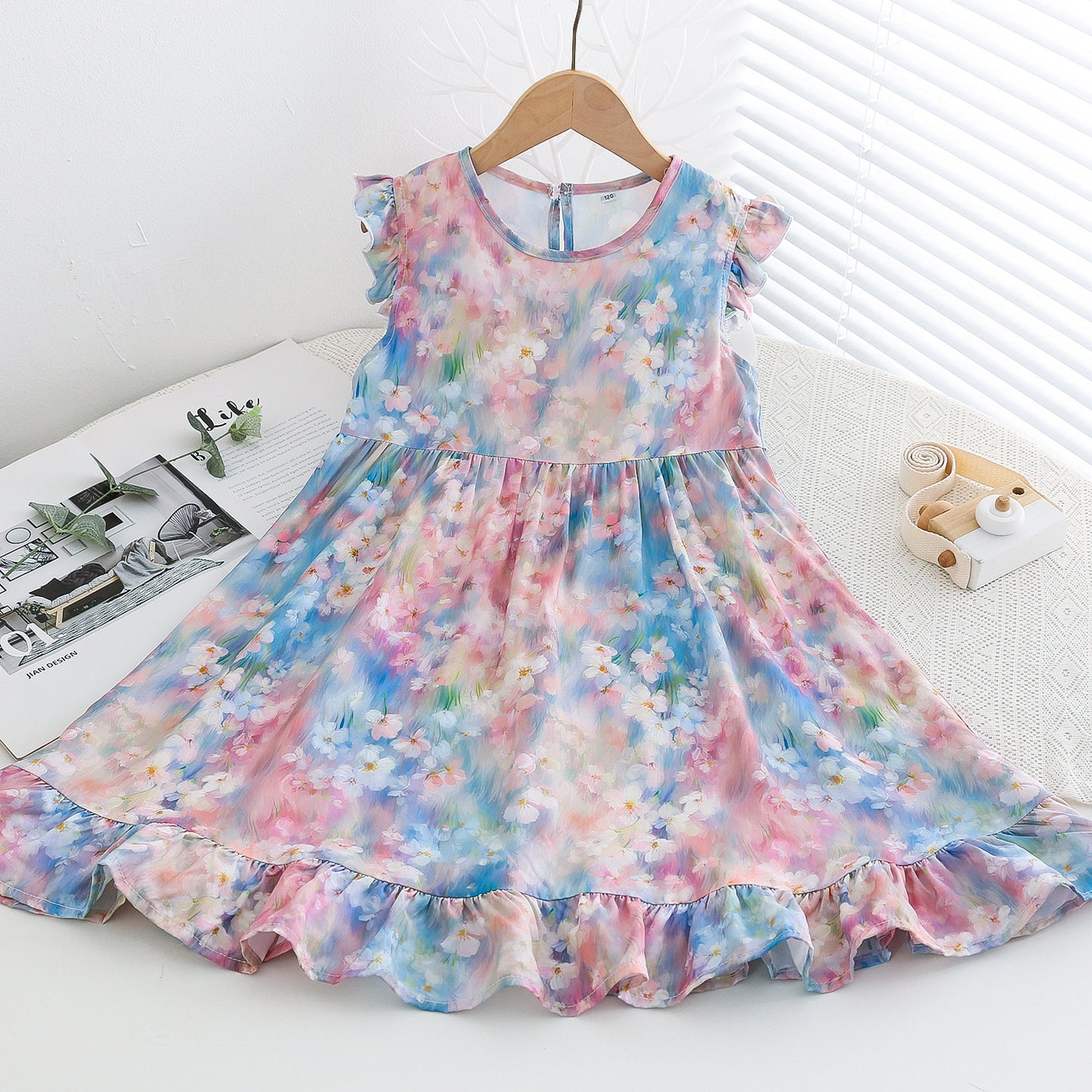 Sweet Little Flounced Sleeve Cotton Silk Summer Thin Cool Rayon Children's Dress