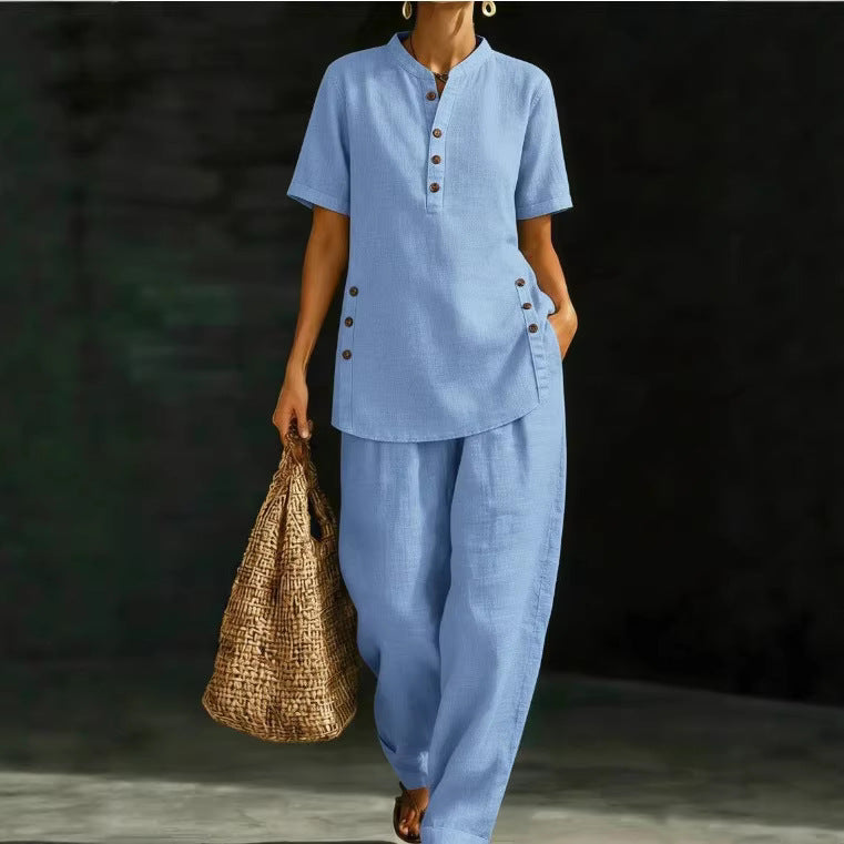 Button Shirt Wide Leg Linen Two-piece Fashion Casual Suit
