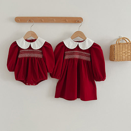 Collar Red Clothes For Babies Triangle Rompers Sisters Children's Dress