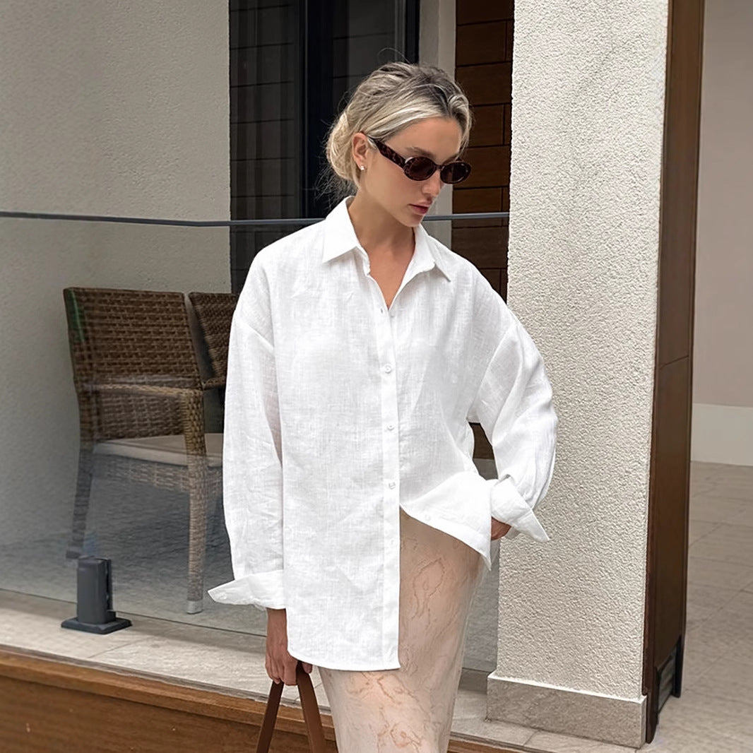 Women's Solid Color Loose Cotton Linen Lapel Long Sleeve Shirt Commuter Blouse
