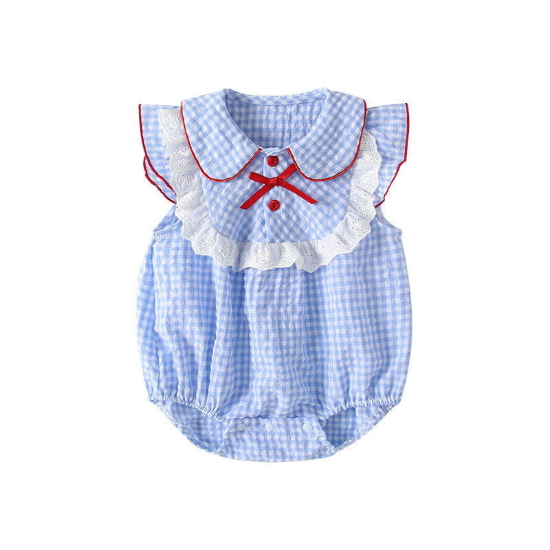 Summer Preppy Style Blue White Plaid Stitching Lace Flounced Jumpsuit, Climbing Suit