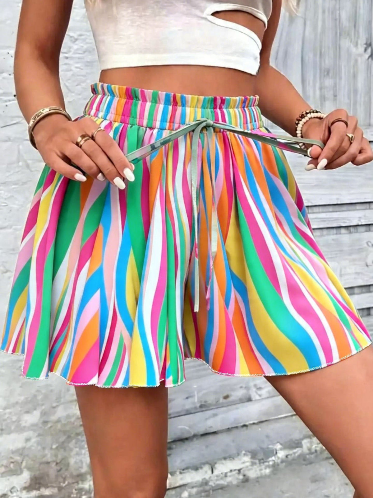 Women's High Waist A- Line Printed Lace Up Casual Slimming Skirt