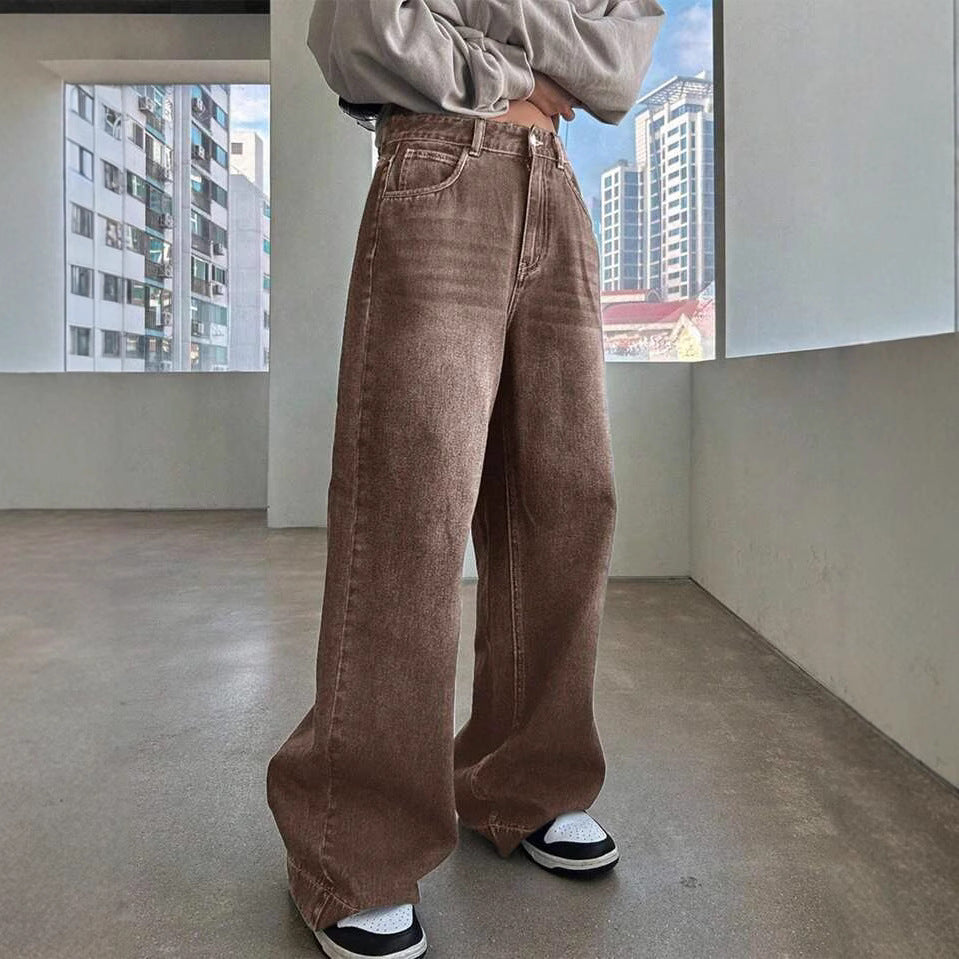 Women's Waist Straight Coffee Color Washed Retro Loose American Gradient Brown Women's Jeans