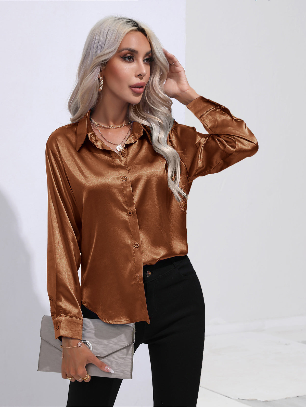 Glamorous Unique Women's Satin Shirt Long-sleeved Blouse