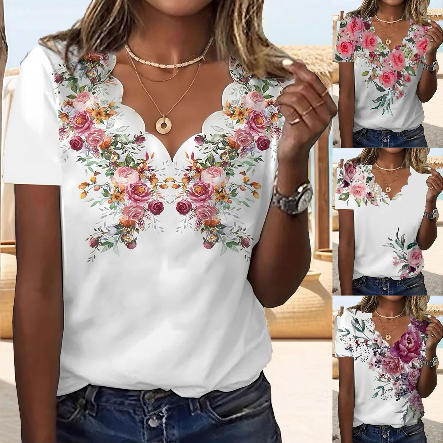 Slouchy Women's Summer Floral Wave Sleeve Large Size T-shirt