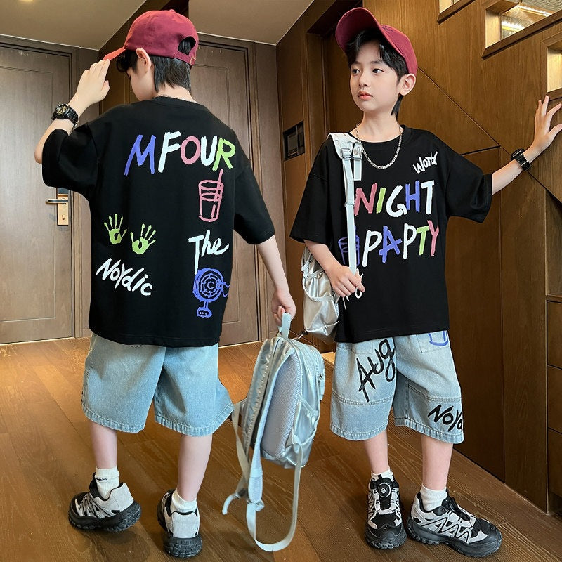 Short-sleeved Denim Medium Large Boy Thin Type Children's Suit