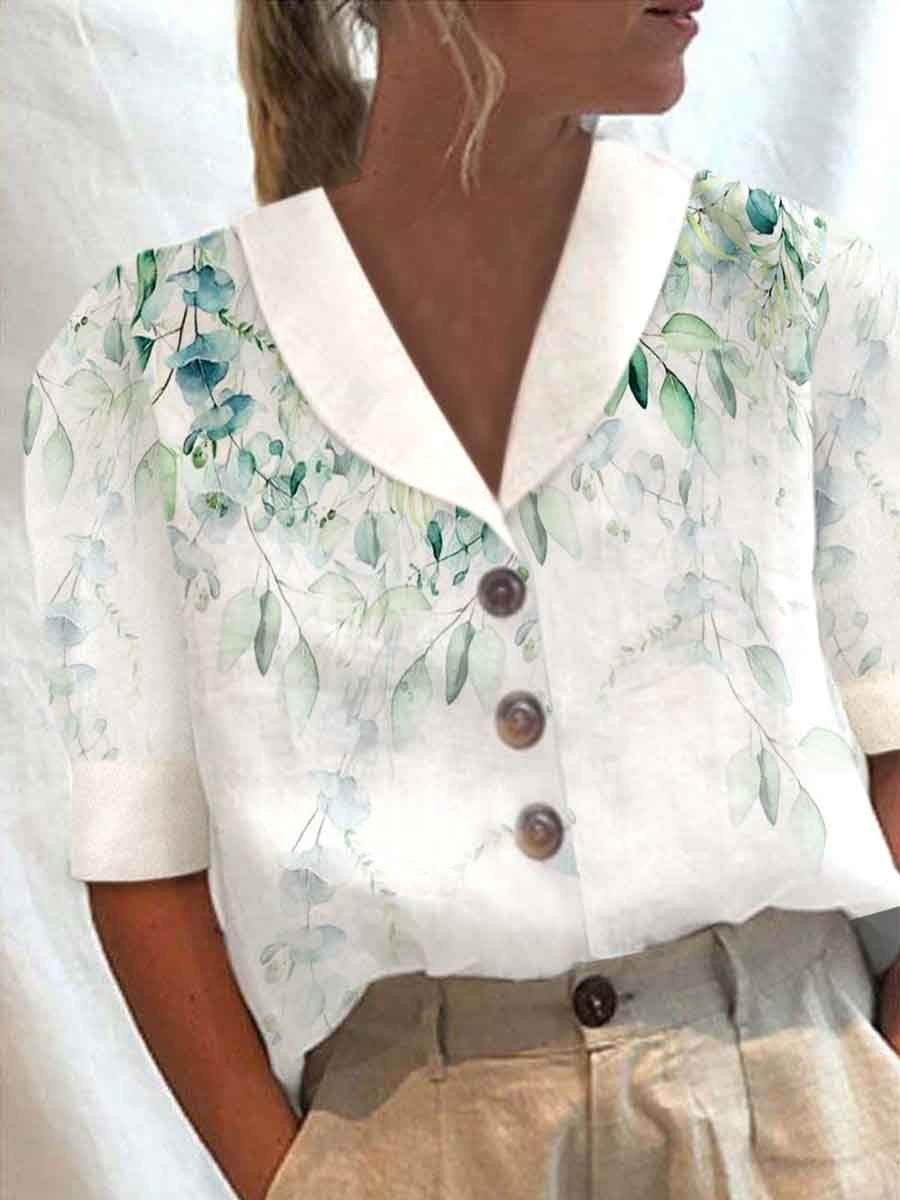 Women's Collar Button Casual Long Half Sleeve Cotton Blouse