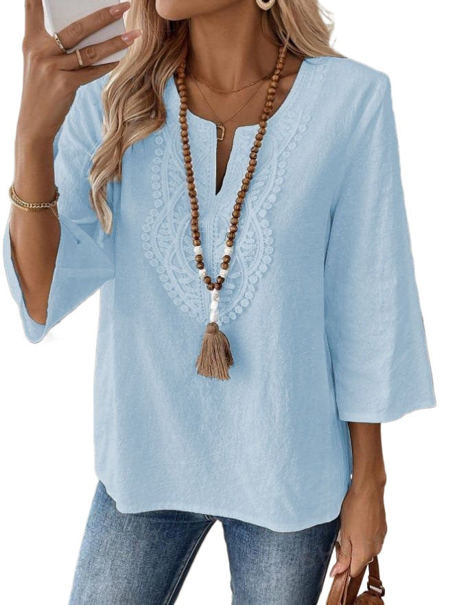 Women's Shirt Lace Trim Solid Color White Blue Blouse
