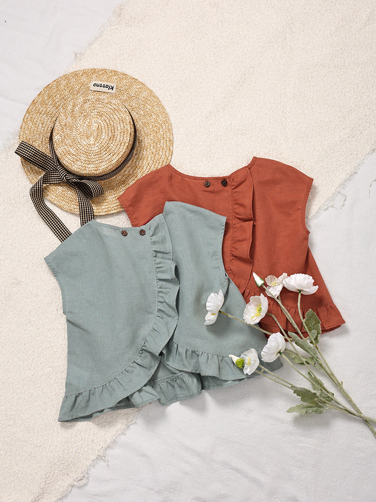 Ruffle Top Summer Loose Short Sleeve Double Buckle Placket Children's T-shirt