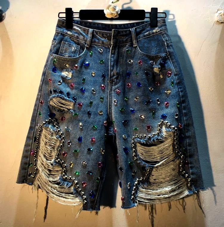 Women's Color Rhinestone Beaded Ripped Denim Diamond Studded Women's Jeans