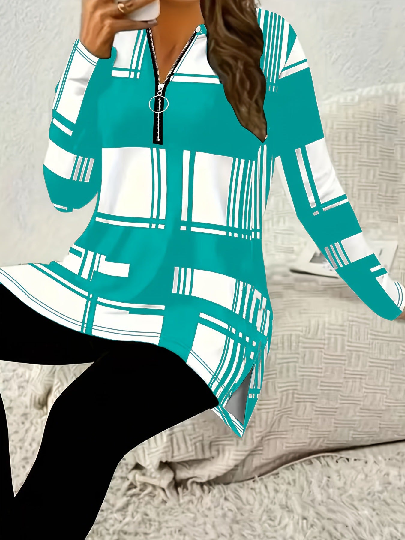 Women's Elegant Color Block Long Sleeve Zipper Shirt Digital Large Size T-shirt