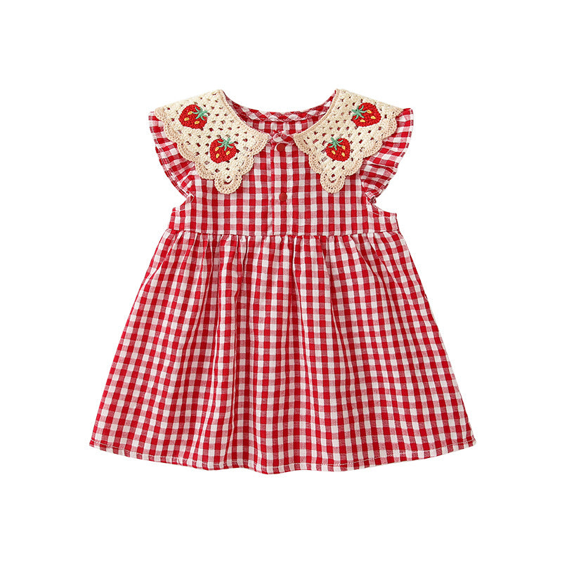 Children's Autumn Plaid Korean Style Sleeveless Strawberry Lace Children's Dress